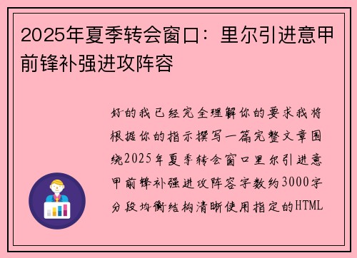 2025年夏季转会窗口：里尔引进意甲前锋补强进攻阵容